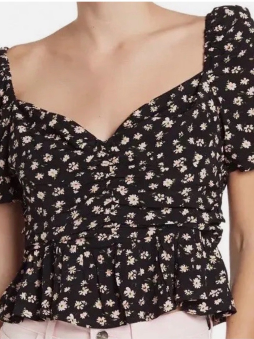 ASTR The Label Black Floral Sweetheart Neck Peplum Top